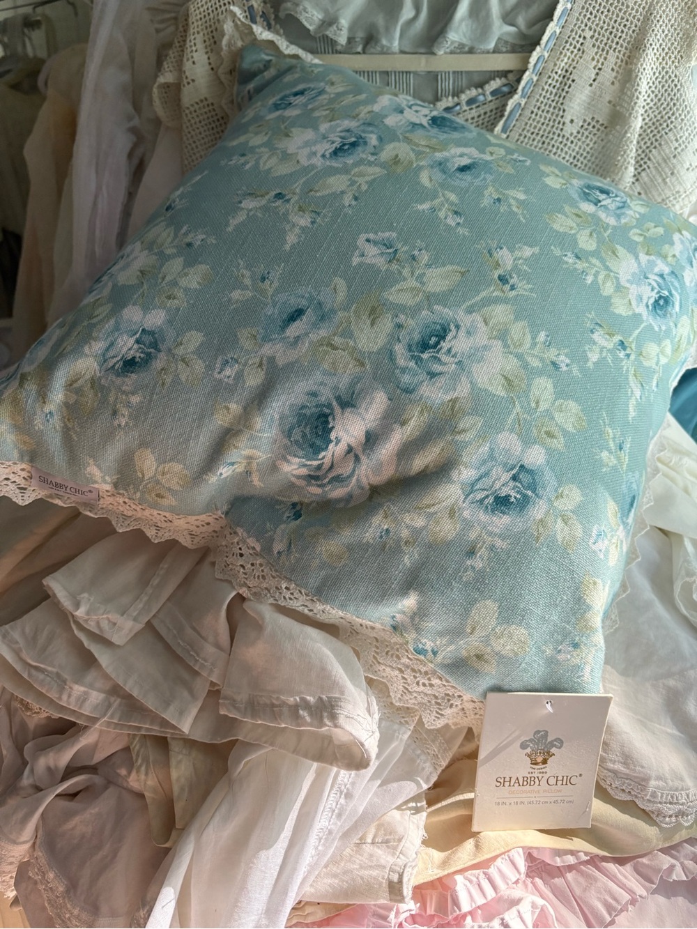 Shabby Chic Aqua Blue Floral Lace-Trim Throw Pillow